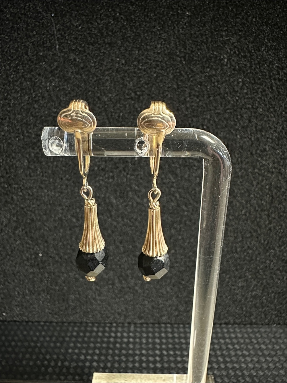 Vintage Sarah Coventry Gold Tone Tassel Earrings with Black Faceted Beads